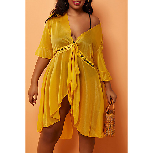 

Women's Cover Up Beach Top Swimsuit Lace up Solid Color Yellow Plus Size Swimwear Bathing Suits New / Padless