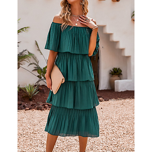 

Women's Sheath Dress Midi Dress Green White Short Sleeve Solid Color Patchwork Fall Summer Off Shoulder Casual 2021 S M L XL