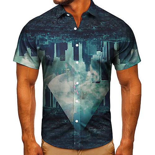 

Men's Shirt 3D Print Graphic Prints Building Button-Down Short Sleeve Street Tops Casual Fashion Classic Breathable Blue