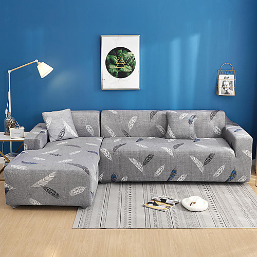 

Grey Leaves Print Dustproof All-powerful Slipcovers Stretch L Shape Sofa Cover Super Soft Fabric Couch Cover Sofa Furniture Protector with One Free Boster Case