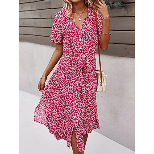 

Women's Chiffon Dress Midi Dress Yellow Green Sky Blue Black Rose Red Short Sleeve Floral Plants Split Bow Spring Summer V Neck Elegant Boho Holiday Beach 2021 S M L XL XXL XXXL