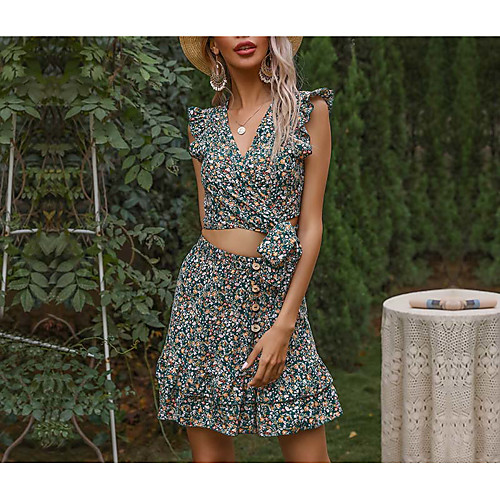 

Women's Floral Two Piece Set Crop Top Skirt Tops