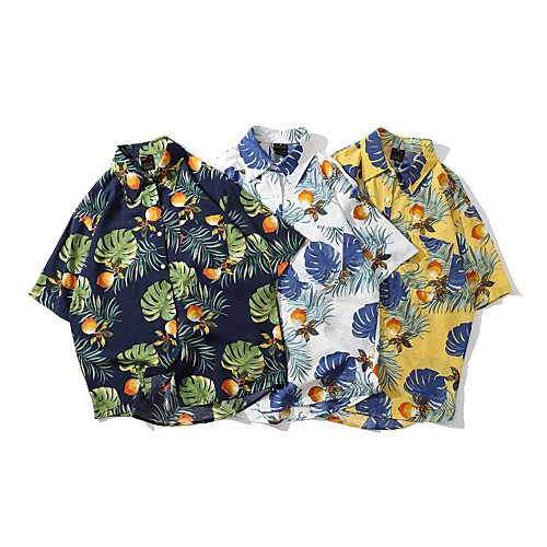 

Men's Shirt Other Prints Graphic Tropical Button-Down Print Short Sleeve Casual Tops 100% Cotton Basic Hawaiian Distressed White Yellow Navy Blue
