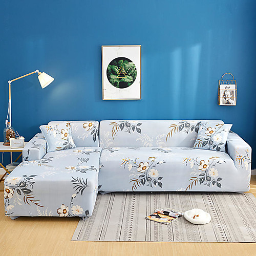 

Light Blue Floral Print Dustproof All-powerful Slipcovers Stretch L Shape Sofa Cover Super Soft Fabric Couch Cover Sofa Furniture Protector with One Free Boster Case