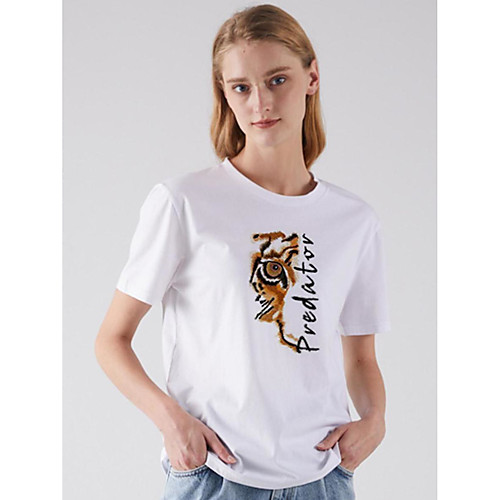 

Women's T shirt Tiger Print Round Neck Basic Tops White Fuchsia Light gray