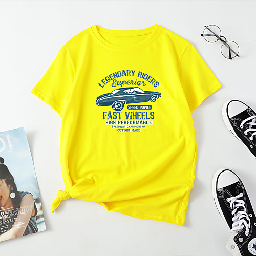 

Women's T shirt Cartoon Letter Print Round Neck Tops Cotton Basic Basic Top White Yellow Blushing Pink