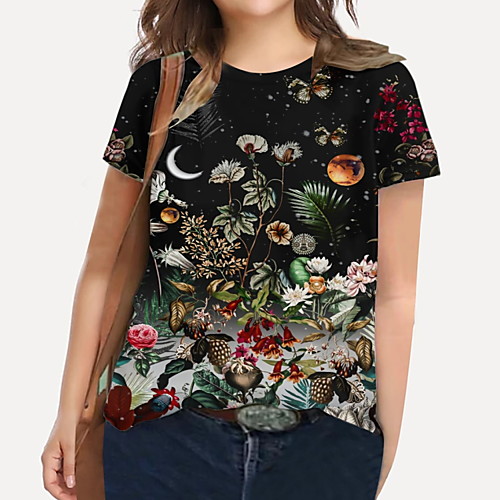 

Women's Plus Size Tops T shirt Floral Graphic Butterfly Print Short Sleeve Crewneck Basic Black Big Size XL XXL 3XL 4XL 5XL