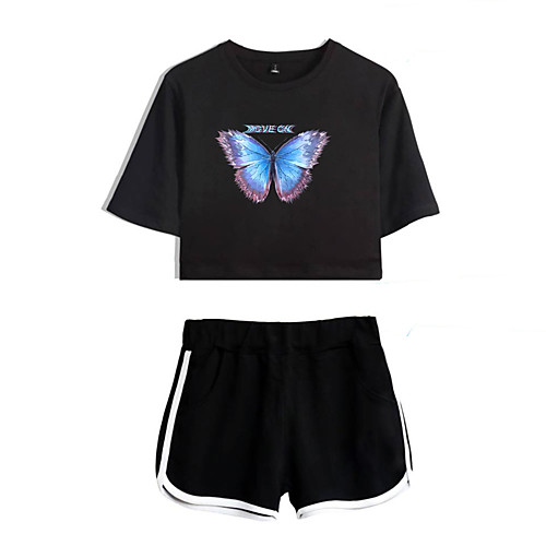 

Women's Basic Streetwear Butterfly Letter Vacation Casual / Daily Two Piece Set Crop Top Tracksuit T shirt Loungewear Shorts Print Tops