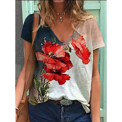 

Women's T shirt Floral Plants V Neck Tops Basic Basic Top White