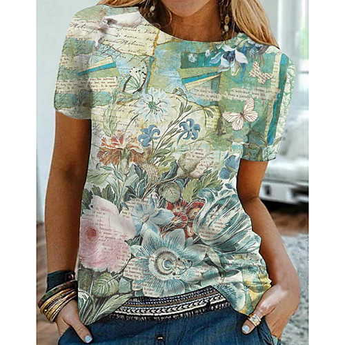 

Women's Floral Theme Butterfly Painting T shirt Floral Butterfly Print Round Neck Basic Tops Light Green
