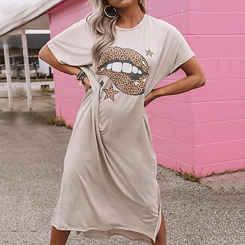 

Women's T Shirt Dress Tee Dress Gray Black Short Sleeve Pattern Solid Color Spring Summer Casual / Daily Loose 2021 S M L XL