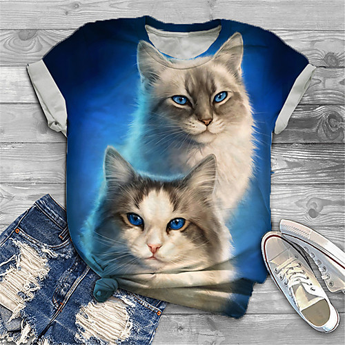 

Women's Plus Size Tops T shirt Cat Graphic Animal Print Short Sleeve Crewneck Basic Blue Big Size XL XXL 3XL 4XL 5XL / Holiday