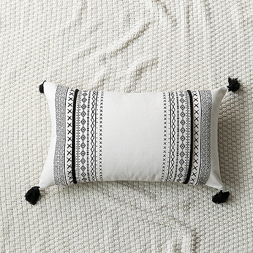 

Modern Style Cotton Black And White Stripe Printing Around Tassel Inlay Cord Pillowcase
