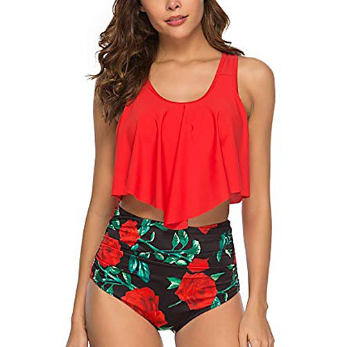 

swimsuits for women two piece bathing suits ruffled flounce top with high waisted bottom bikini set (l) red