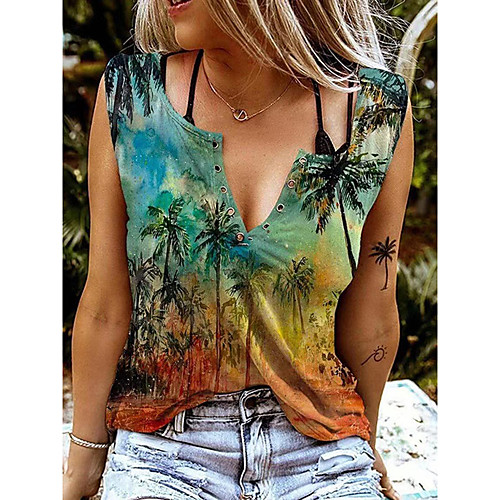 

Women's Tank Top Vest T shirt Scenery Print V Neck Tops Rainbow