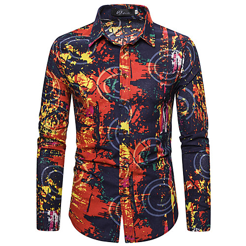 

Men's Shirt Other Prints Graphic Long Sleeve Casual Tops Ethnic Style Navy Blue