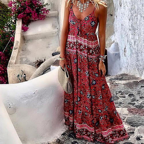 

Women's Swing Dress Maxi long Dress Blue Red Sleeveless Floral Print Fall Summer V Neck Elegant 2021 S M L XL