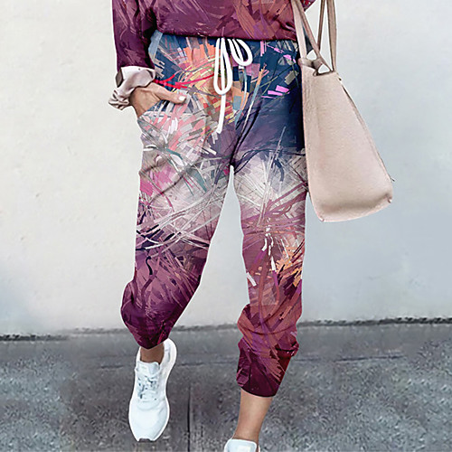 

Women's Basic Soft Comfort Going out Gym Palazzo Pants Plants Graphic Full Length Pocket Elastic Drawstring Design Print Purple