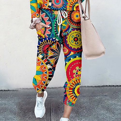 

Women's Streetwear Boho Comfort Going out Gym Palazzo Pants Geometric Pattern Color Block Full Length Elastic Drawstring Design Print Purple Yellow