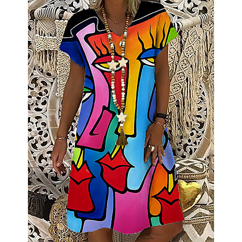 

Women's T Shirt Dress Tee Dress Knee Length Dress Blue Purple Short Sleeve Print Color Block Abstract Print Spring Summer V Neck Casual Holiday 2021 S M L XL XXL 3XL