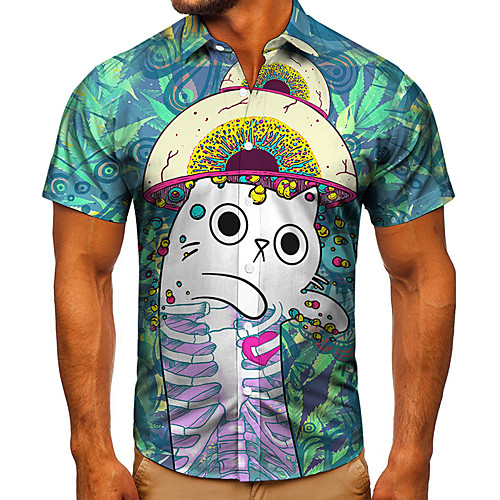 

Men's Shirt 3D Print Cat Graphic Prints Button-Down Short Sleeve Street Tops Casual Fashion Classic Breathable Blue