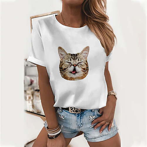 

Women's 3D Cat T shirt Cat 3D Animal Print Round Neck Basic Tops Cotton White Brown