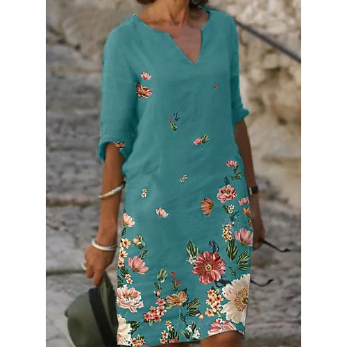 

Women's Shift Dress Knee Length Dress Blue-Green Gray White Black Half Sleeve Floral Spring, Fall, Winter, Summer V Neck Casual Loose 2021 M L XL XXL 3XL / Cotton / Cotton