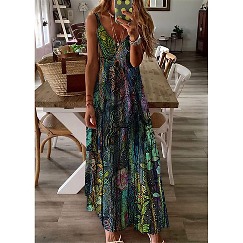 

Women's A Line Dress Maxi long Dress Green Sleeveless Floral Print Print Spring Summer V Neck Casual Holiday 2021 S M L XL XXL 3XL