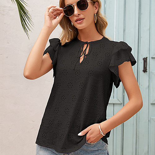 

Women's Holiday Blouse T shirt Shirt Plain Patchwork Round Neck Tops White Purple Yellow