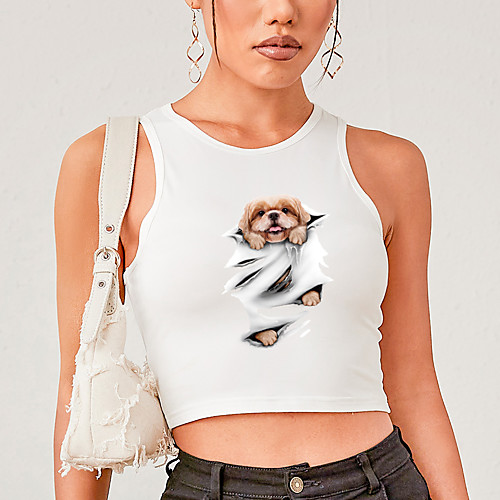 

Women's Crop Top Tank Top Vest Dog 3D Animal Print Round Neck Basic Sexy Tops Slim White Black Blushing Pink