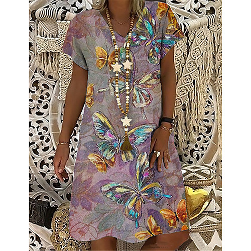 

Women's T Shirt Dress Tee Dress Knee Length Dress Blushing Pink Short Sleeve Butterfly Animal Print Spring Summer V Neck Casual Holiday 2021 S M L XL XXL 3XL