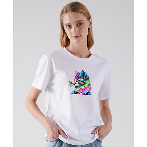 

Women's T shirt Cat Print Round Neck Basic Tops White Fuchsia Light gray