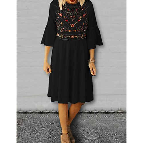 

Women's Sheath Dress Knee Length Dress White Black 3/4 Length Sleeve Print Color Block Patchwork Print Fall Summer Round Neck Casual 2021 S M L XL XXL 3XL 4XL 5XL