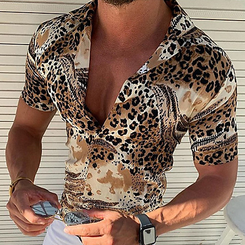 

Men's Shirt Cheetah Print Button-Down Short Sleeve Casual Tops Casual Fashion Breathable Comfortable Brown