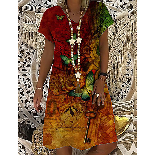 

Women's T Shirt Dress Tee Dress Knee Length Dress Brown Short Sleeve Print Butterfly Animal Print Spring Summer V Neck Casual Holiday 2021 S M L XL XXL 3XL