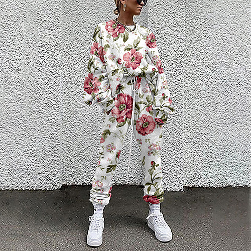 

Women's Basic Streetwear Floral Vacation Casual / Daily Two Piece Set Crew Neck Tracksuit T shirt Pant Loungewear Drawstring Print Tops / Loose