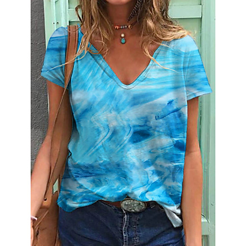 

Women's T shirt Tie Dye V Neck Tops Cotton Basic Basic Top Blue