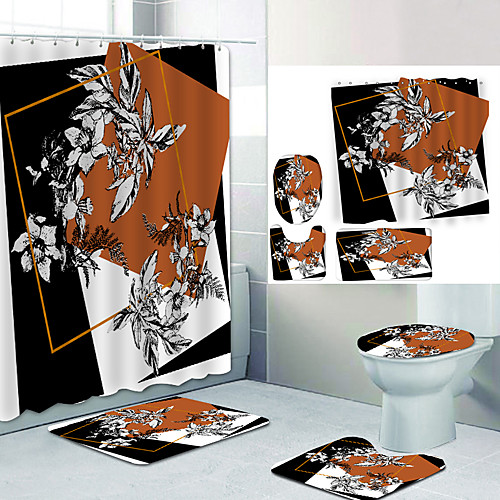 

Square Flower Digital Printing Four-piece Set Shower Curtains and Hooks Modern Polyester Machine Made Waterproof Bathroom