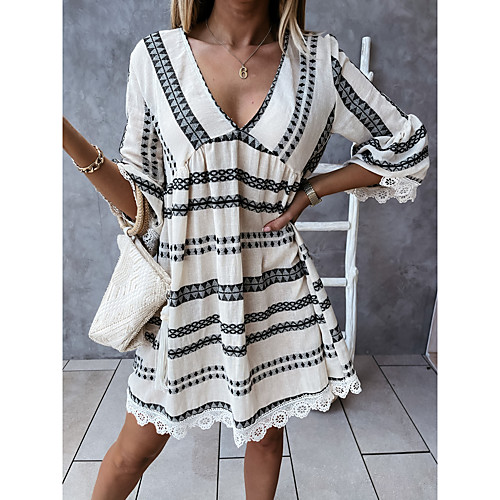 

Women's A Line Dress Knee Length Dress Black Apricot 3/4 Length Sleeve Striped Fall Winter V Neck Casual Loose 2021 S M L XL 2XL