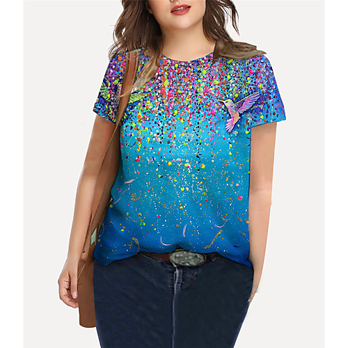 

Women's Plus Size Tops T shirt Floral Graphic Print Short Sleeve Crewneck Basic Blue Big Size XL XXL 3XL 4XL 5XL / Holiday