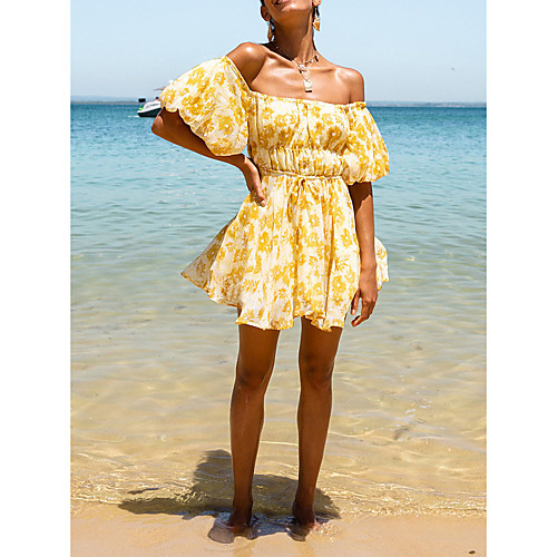 

Women's A Line Dress Short Mini Dress Yellow Green Half Sleeve Floral Summer Off Shoulder Elegant Holiday 2021 S M L XL