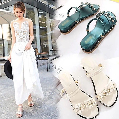 

Women's Sandals Flat Heel Round Toe PU Solid Colored White Black Blue