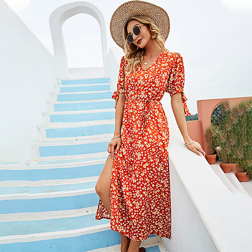 

Women's A Line Dress Midi Dress Orange Long Sleeve Pattern Summer Casual 2021 S M L XL