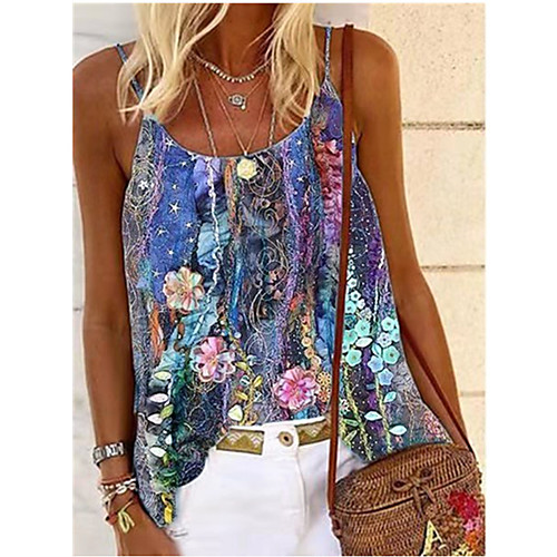 

Women's Holiday Floral Theme Camisole Blouse Tank Top Floral Graphic Print U Neck Streetwear Boho Tops Blue Purple White