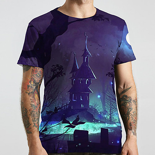 

Men's Unisex Tee T shirt 3D Print Graphic Prints Castle Plus Size Print Short Sleeve Casual Tops Basic Designer Big and Tall Blue