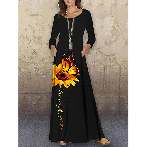 

Women's Shift Dress Maxi long Dress Black 3/4 Length Sleeve Floral Butterfly Letter Print Spring Summer Round Neck Casual Holiday 2021 S M L XL XXL 3XL