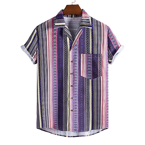 

Men's Shirt Other Prints Striped Print Short Sleeve Street Tops Tropical Hawaiian Purple
