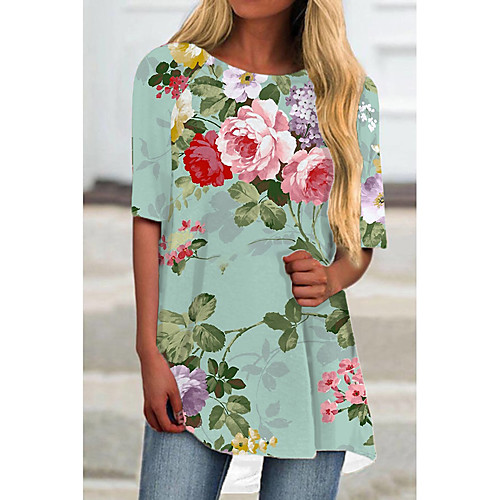 

Women's T Shirt Dress Tee Dress Short Mini Dress Light Blue Half Sleeve Floral Print Print Spring Summer Round Neck Casual Holiday 2021 S M L XL XXL 3XL