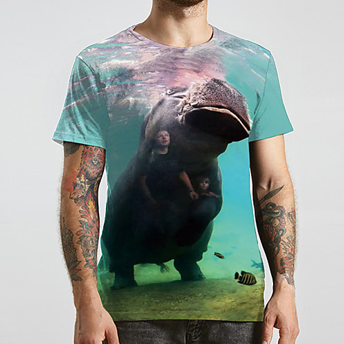 

Men's Unisex Tee T shirt 3D Print Graphic Prints Hippopotamus Plus Size Print Short Sleeve Casual Tops Basic Designer Big and Tall Blue