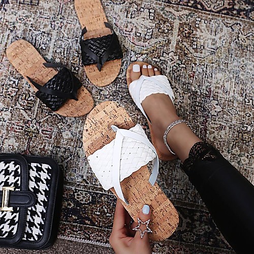 

Women's Sandals Outdoor Slippers Flat Heel Round Toe PU White Black